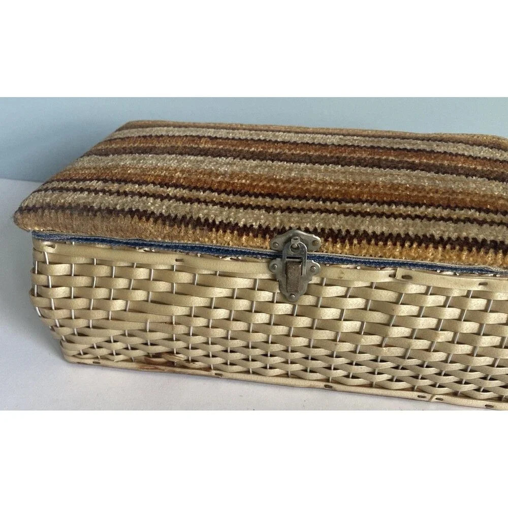Vintage Woven Wicker  Sewing Basket Box W Carpet Tapestry Lid Wooden